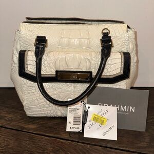 Brahmin Large Satchel Tote Handbag M14787AX Ivory Black Croc Embossed LeatherNWT